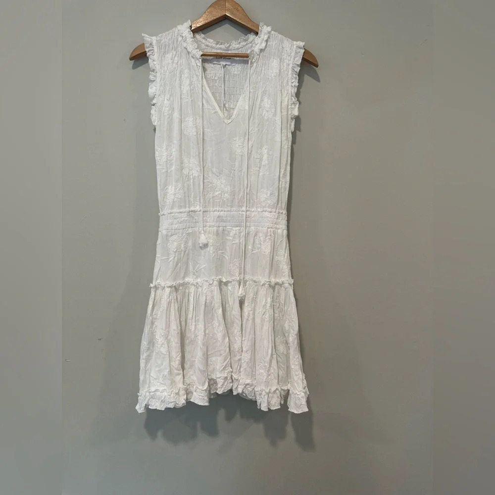 DEAR JOHN MELODIE TIERED RUFFLE DRESS PEARLED IVORY FLORAL EMBROIDEY  XS 1307 - Picture 4 of 14